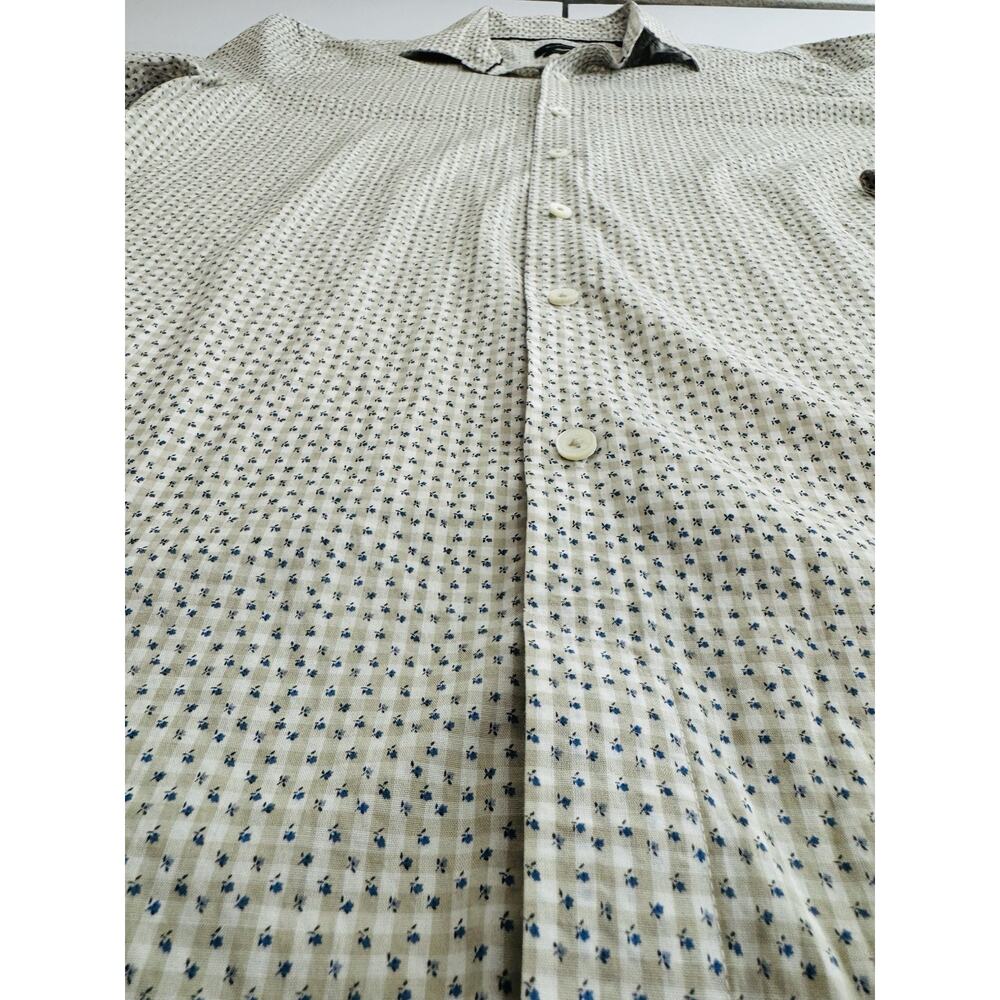 Bugatchi Comfort Stretch Men’s 17 Beige Gingham Floral Print Button-Up Shirt - Picture 7 of 12